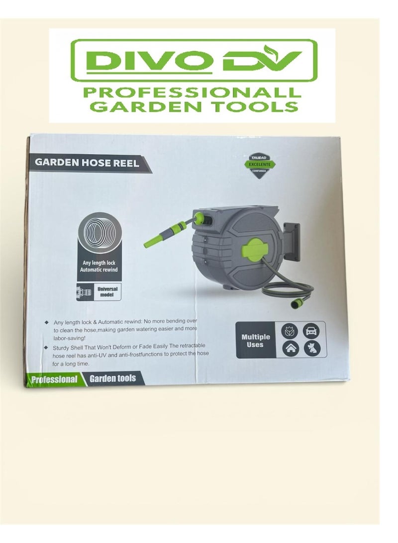 ديفو بكرة خرطوم ماء جداري أوتوماتيكية للحديقة مزودة بقفل طول فوري وإرجاع تلقائي – جودة احترافية – دوران ‎180°‎ – طول 15 متر + خرطوم تغذية – موديل DIVO – براند DVO714-1 - Image 2