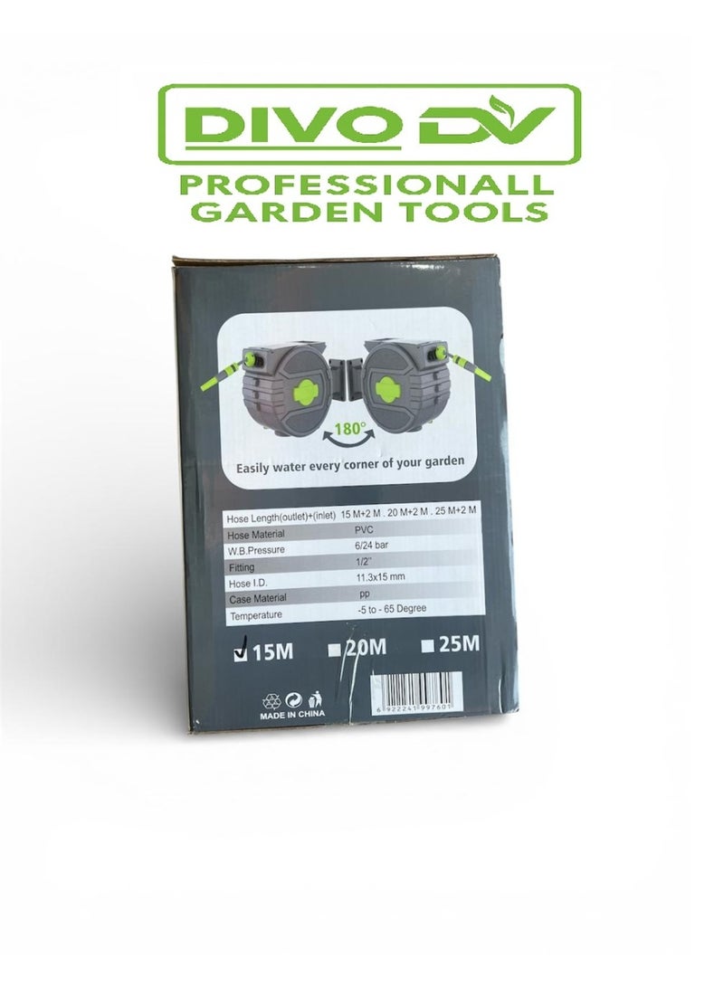 ديفو بكرة خرطوم ماء جداري أوتوماتيكية للحديقة مزودة بقفل طول فوري وإرجاع تلقائي – جودة احترافية – دوران ‎180°‎ – طول 15 متر + خرطوم تغذية – موديل DIVO – براند DVO714-1 - Image 4