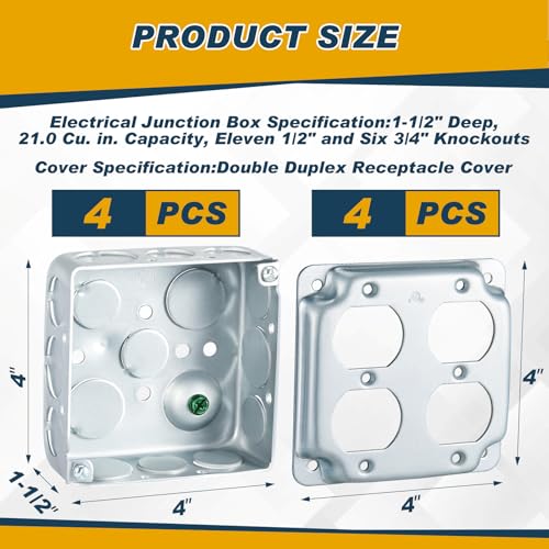 Copkim 4 Set 4 × 4" Electrical Junction Box with Cover Electrical Metal Outlet Box, 21.0 Cu. in. Capacity Receptacle Exposed Work Cover, 1-1/2'' Deep(Double Duplex) - Image 2