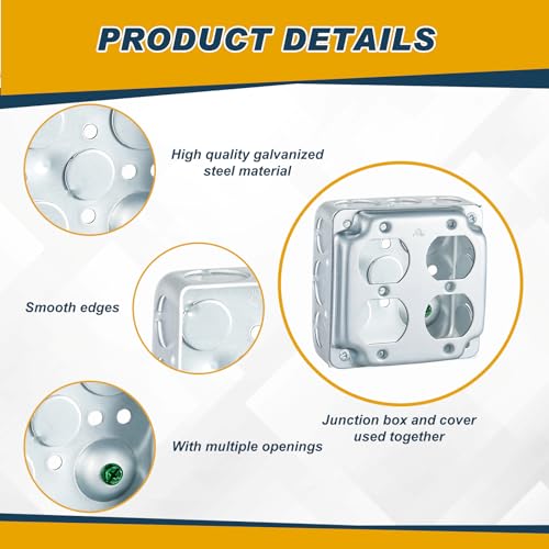 Copkim 4 Set 4 × 4" Electrical Junction Box with Cover Electrical Metal Outlet Box, 21.0 Cu. in. Capacity Receptacle Exposed Work Cover, 1-1/2'' Deep(Double Duplex) - Image 3