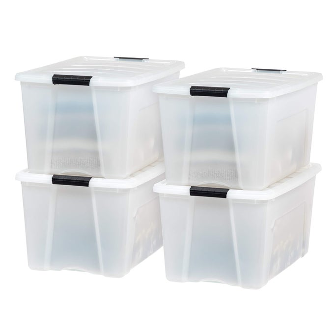 USA 72 QT STACKABLE PLASTIC STORAGE BINS WITH LIDS 4 PACK BPAFREE MADE IN USA DISCREET ORGANIZING SOLUTION LATCHES DURABLE NESTABLE CONTAINERS SECURE PULL HANDLE PEARL