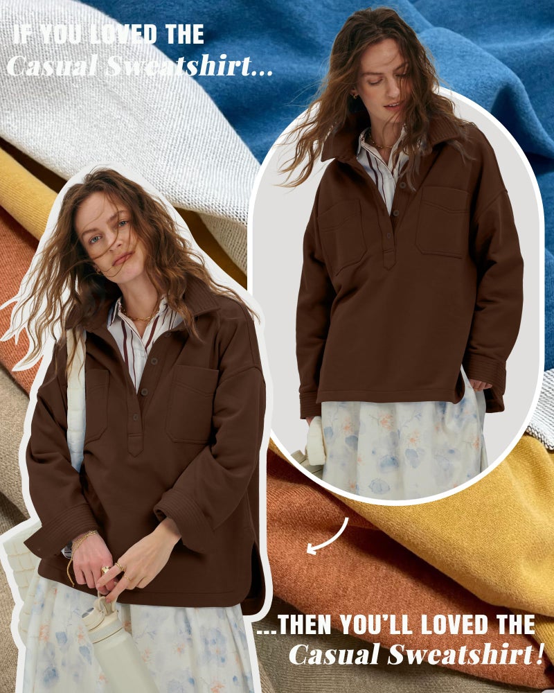 Locachy Women's Casual Oversized Polo Neck Sweatshirt Lapel Long Sleeve Button Pullover Tops Fashion Outfits Clothes Coffee XL - Image 5
