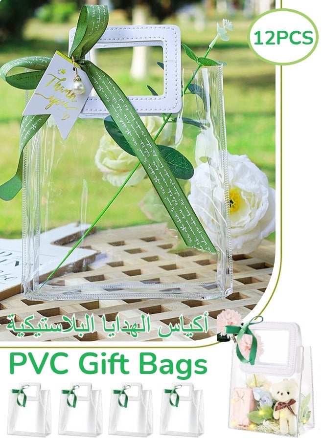 Generic 12 Pcs Clear PVC Gift Bags, Waterproof Transparent Gift Wrap Bags with Handle and Bow Ribbon, Plastic Small Handbag Transparent Bridesmaid Gift Totes for Wedding Birthday Valentines Party  - Image 1