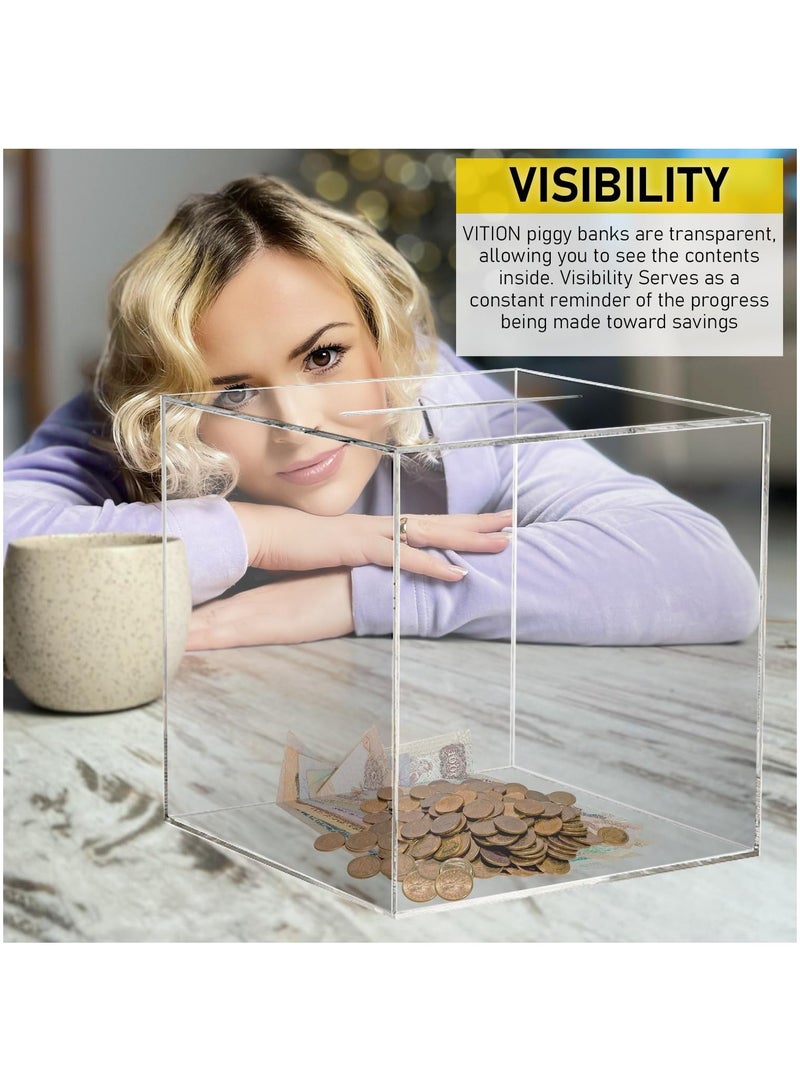 VITION Piggy Bank for Adults Kids, Acrylic Piggy Bank for Boys Girls to Saving Money Cash Coin, Must Break to Open (18 x 18 cm, Crystal Clear) - Image 2