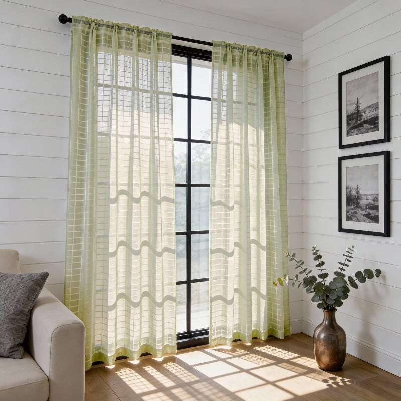 SpaceDresser Check Sheer Curtains 84 Inches 2 Panels Set, Rod Pocket Plaid Window Curtain for Living Room, Sage Green Semi Sheer Drapes for Kitchen Bedroom Children Room Yard（Sage Green, 52W x 84L） - Image 4