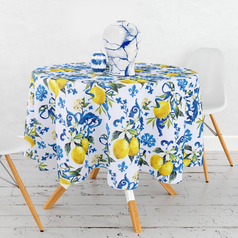 Whaline Lemon Round Tablecloth 60 Inch Italian Lemons Fabric Table Cloth Washable Spring Summer Table Cover for Picnic Dinner Table Home Kitchen Party Decor
