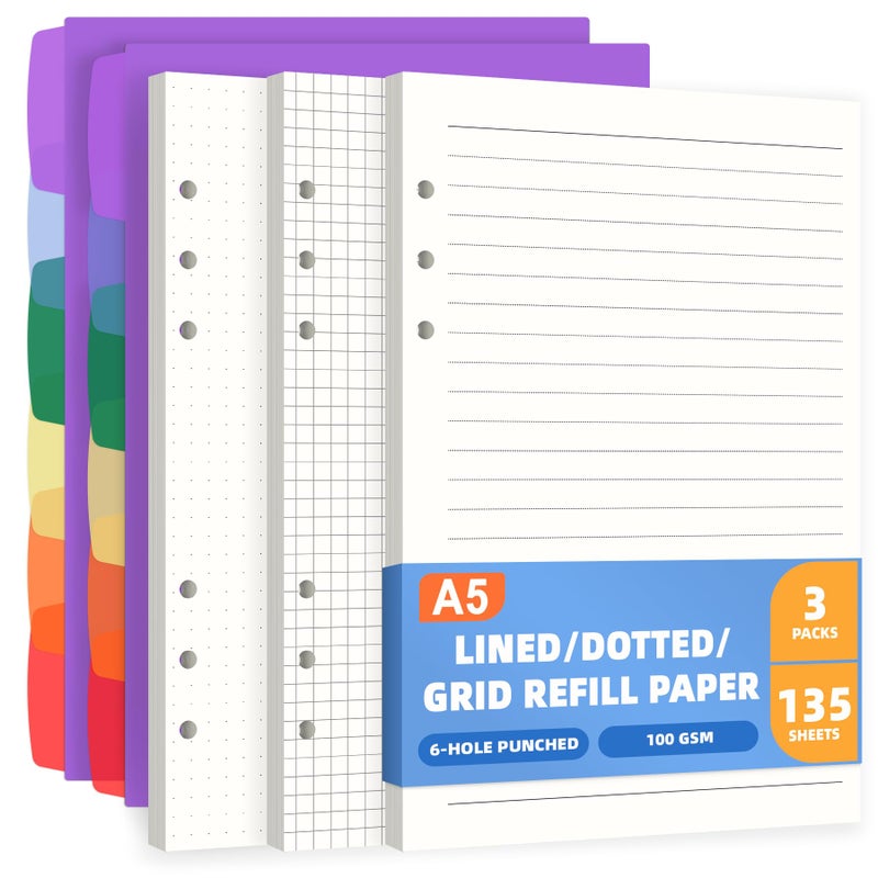Antner A5 Refill Paper Planner Inserts for A5 6 Ring Binder, 135 Sheets 6-Hole Lined/Dotted/Grid Loose Leaf Filler Paper with Binder Dividers for Refillable Notebook, Journal, Planner, Sketchbook - Image 1