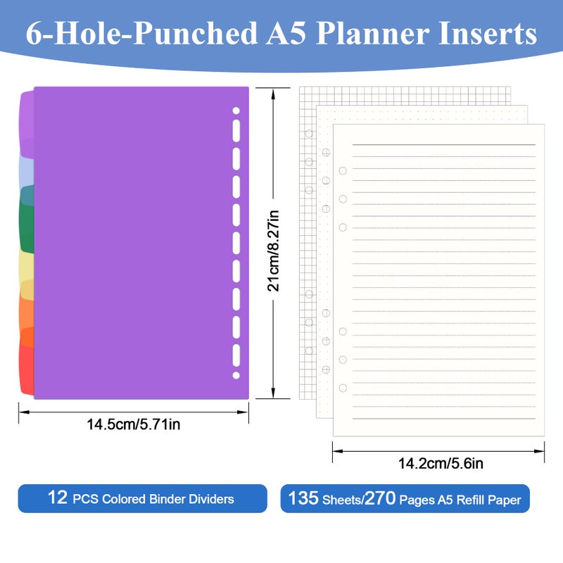 Antner A5 Refill Paper Planner Inserts for A5 6 Ring Binder, 135 Sheets 6-Hole Lined/Dotted/Grid Loose Leaf Filler Paper with Binder Dividers for Refillable Notebook, Journal, Planner, Sketchbook - Image 2