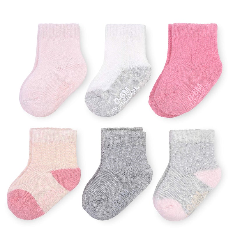 Fruit of the Loom Baby 6-Pack All Weather Crew-Length Socks, Mesh & Thermal Stretch - Unisex, Girls, Boys (6-12 Months, Pink) - Image 1