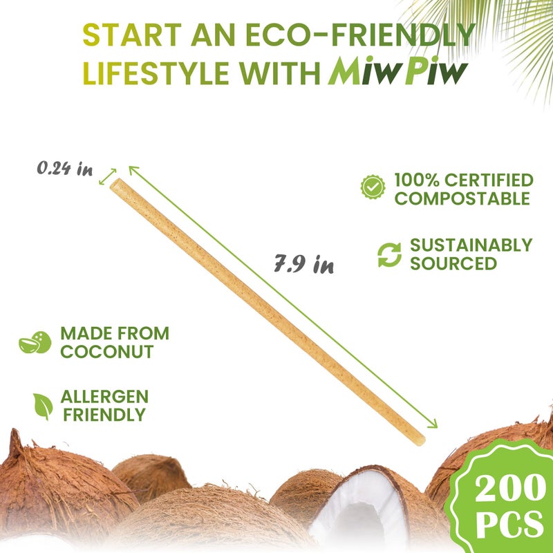 Miw Piw Biodegradable Coconut Straws Set 200 - Disposable, Plastic Free, Ecofriendly Coco Fiber Drinking Straws Bulk for Cold and Hot Beverages, Cocktail and Restaurant - Image 2
