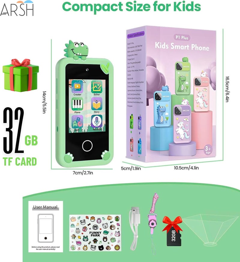 ARSH Kids Smart Phone Toy, Children Cell Phone with Touchscreen Dual Camera MP3 Music Player Toddler Mobile Phone with 32GB TF Card (Green) - Image 2