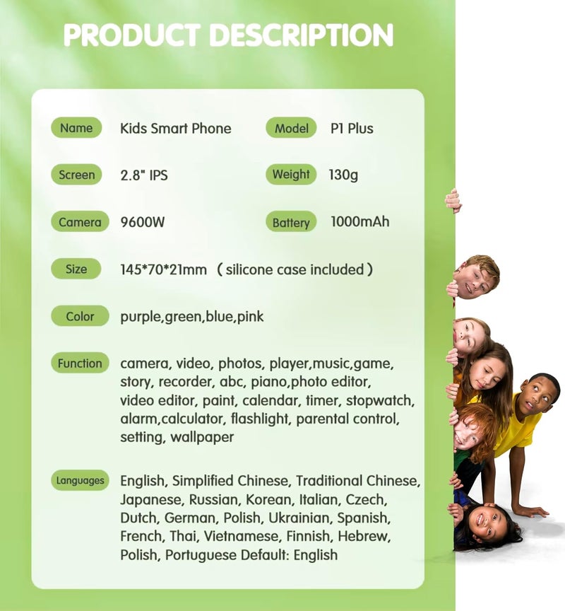 ARSH Kids Smart Phone Toy, Children Cell Phone with Touchscreen Dual Camera MP3 Music Player Toddler Mobile Phone with 32GB TF Card (Green) - Image 5