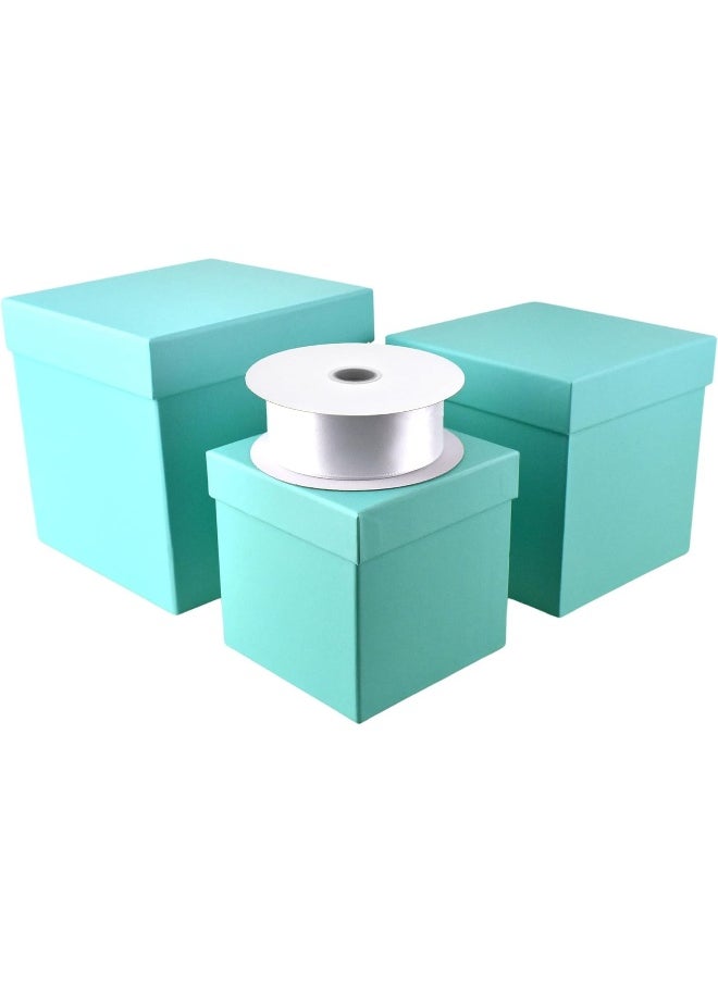 Homeford HOMEFORD Nested Square Gift Boxes, Robin's Egg Blue, 5-inch, 6-inch, 7-inch, 3-piece, 1.5-inch White Satin Ribbon  - Image 4