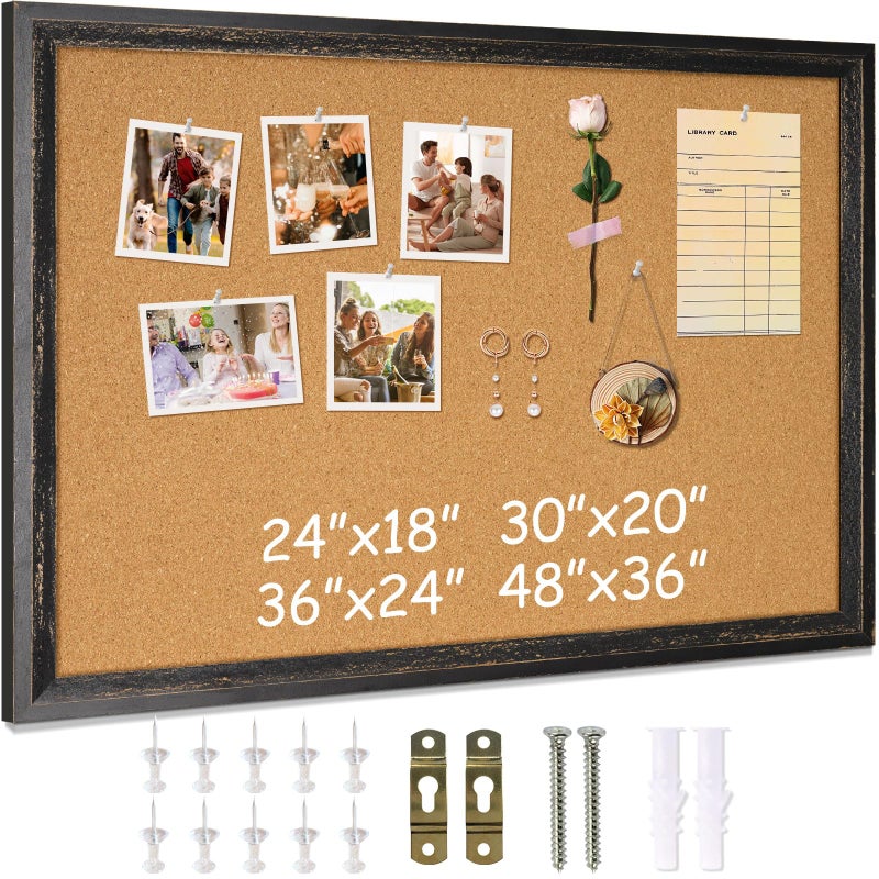 DOLLAR BOSS Cork Board for Office 24 X 18 Inches Cork Boards for Walls Bulletin Board, Decorative Hanging Pin Board Rustic Wooden Frame Vision Board Cork Notice Board for Office Home Decor, Black - Image 1