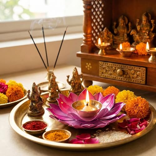 EIN SOF Brass Lotus Flower Diyas for Home Decoration – 5 inches Medium Size Puja Akhand Diya , Decorative Diwali & Christmas Festival Item with Gift Box , Pink - Image 1