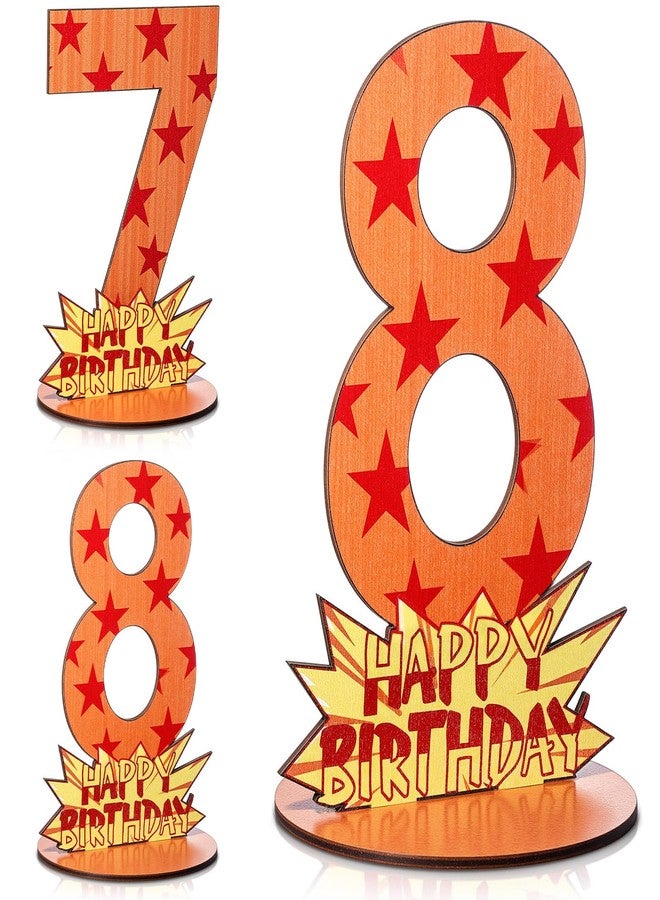 Vicenpal 8th Cartoon Birthday Decoration, Wooden Orange and Red Stars Table Centerpiece Number 7 8 Stand Table Sign for Dragon Birthday Supplies Anime Party Photo Props - Image 1