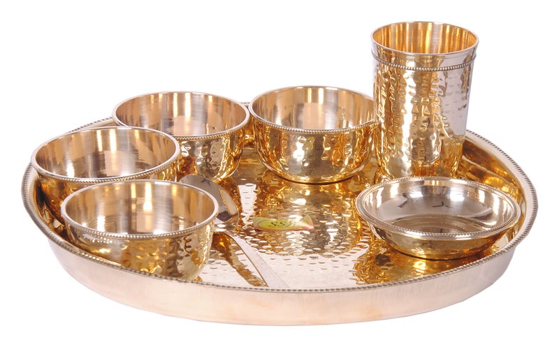 SHIV SHAKTI ARTS Handmade Pure Brass Thali Set 8Pcs Consist of | 4 Brass Bowls 1 Brass Puding Plate 1 Brass Glass 1 Brass Spoon 1 Brass Plate/Hammered Designed Home ware Hotelware Dinnerware Serveware - Image 2