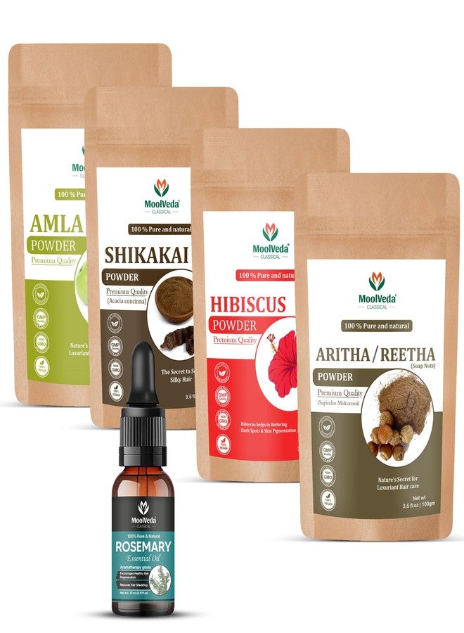 Moolveda Natural Ayurvedic Hair Care Combo - Amla Shikakai Aritha Hibiscus Powder with Essential Oil | Organic Herbal Hair Growth Treatment | Chemical Free Hair Mask | 4-in-1 Hair Care Kit - Image 1