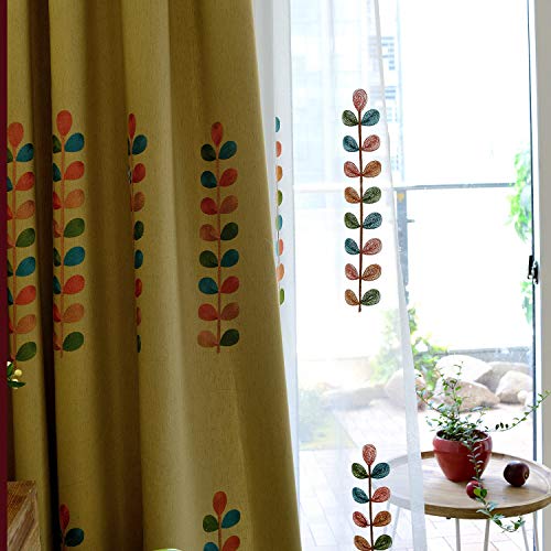 VOGOL Linen Curtains 84 Inch Length Colorful Leaves Embroidered Window Drapes for Living RoomDining Room Top Grommet W52 X L84 2 Panels