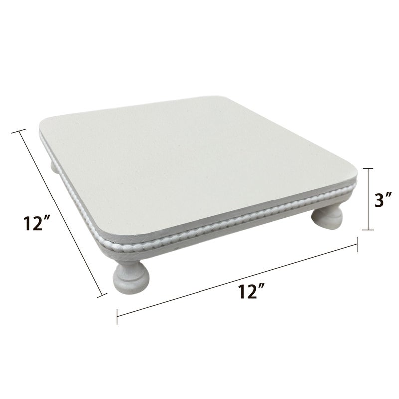 dwellington Farmhouse Display Wood Riser, 12" Decorative Beaded Pedestal Stand, Square Tiered Tray Decor for Kitcher Decor, Countertop (White) - Image 3