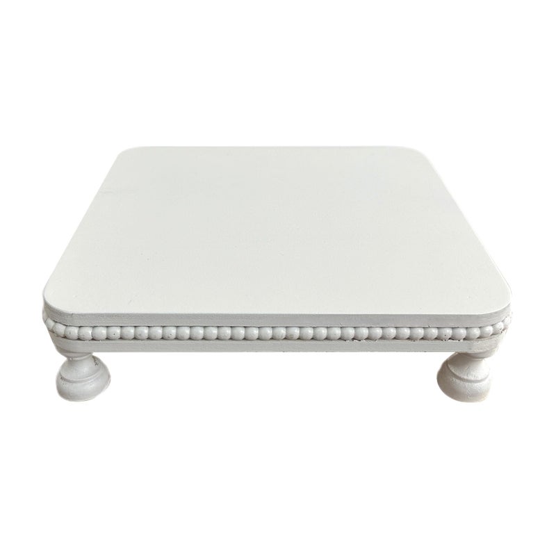 dwellington Farmhouse Display Wood Riser, 12" Decorative Beaded Pedestal Stand, Square Tiered Tray Decor for Kitcher Decor, Countertop (White) - Image 1