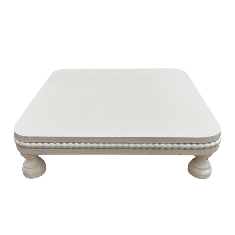 dwellington Farmhouse Display Wood Riser, 12" Decorative Beaded Pedestal Stand, Square Tiered Tray Decor for Kitcher Decor, Countertop (White) - Image 5