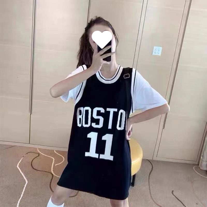 Pure Cotton Vintage Contrast Striped T-Shirt Skirt Womens Summer Embroidered plus size Pregnant Womens Loose Mid-length Belly-covering Slim T-shirt A35 black with white letters bos (100 pure cotton)