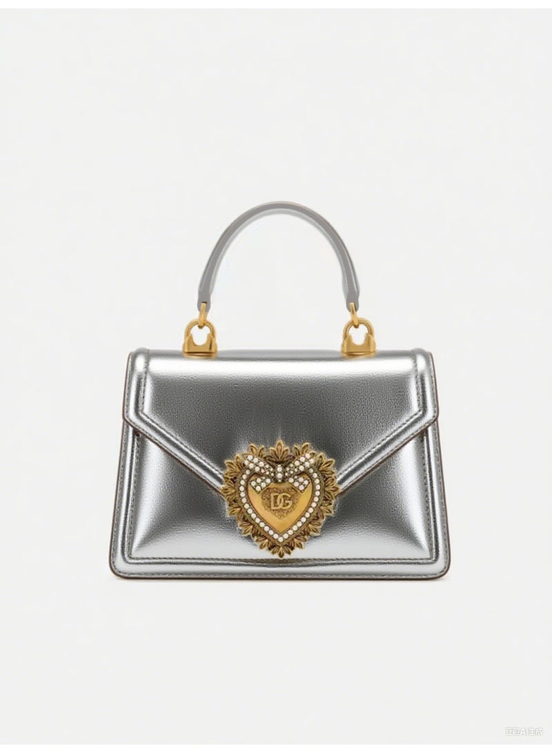 D&G DG bag Devotion Bag | Silver Metallic Leather Top-Handle Bag with Crystal-Heart Logo, Luxury Statement Crossbody for Glamorous Occasions - Image 1