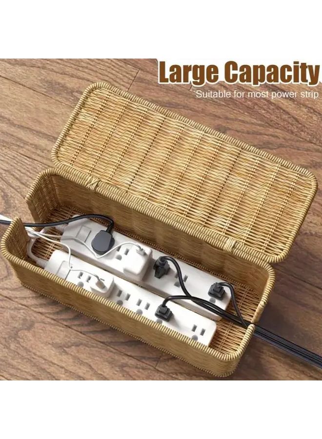 Handwoven Rattan Style Cable Management Box With Lid 1pc Cord Organizer For Desk - Image 2