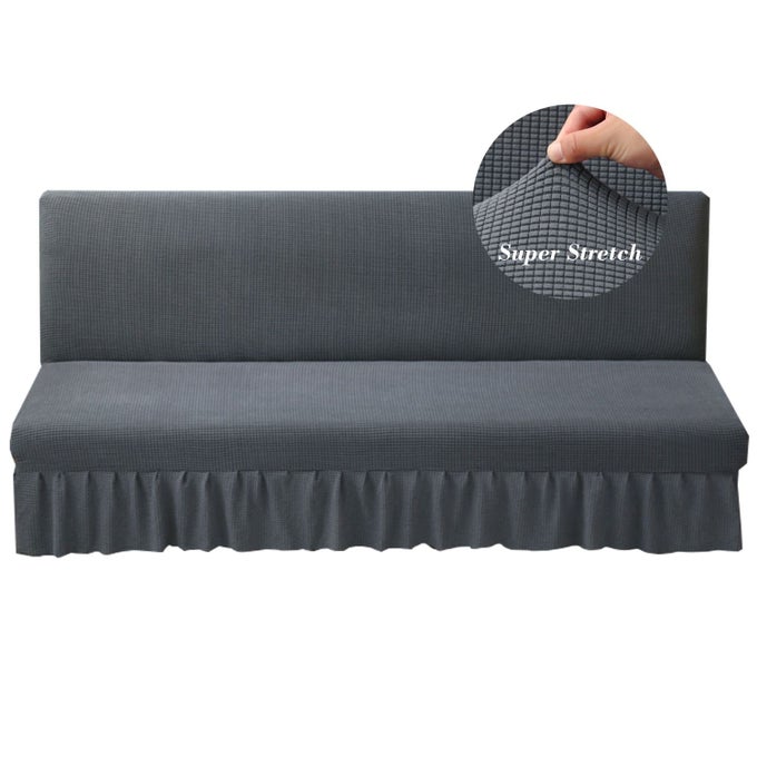 STRETCH ARMLESS FUTON COVER WITH SKIRT KNITTED JACQUARD FUTON SOFA BED COVER MACHINE WASHABLE FUTON COUCH COVER FUTON SOFA COVER FURNITURE BED PROTECTOR WITH ELASTIC BOTTOM DARK GRAY
