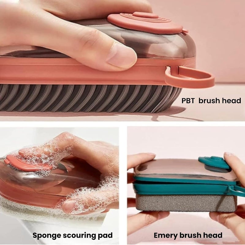 Eotia Soap Dispensing Shoe Cleaning Brush 2 Pack with Handle – Multipurpose Scrub Brush for Clothes, Tiles, Kitchen, Bathroom – Heavy Duty Bristles – Refillable – Multi-Color - Image 2