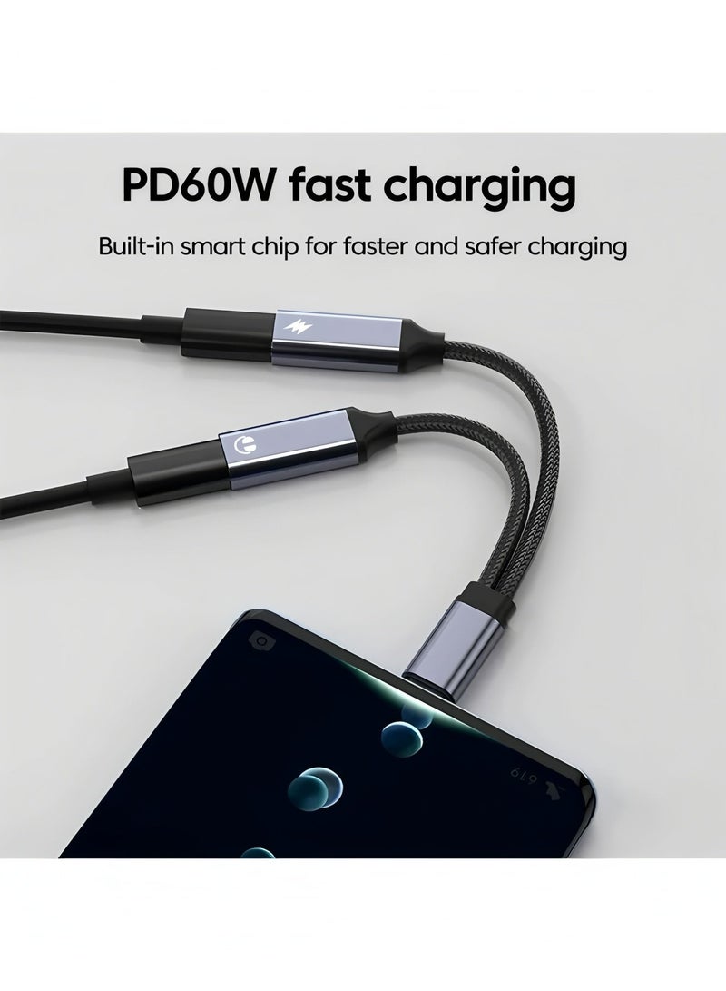 فليفيو موزع USB C، محول شاحن وسماعة رأس مزدوج USB C، كابل دونجل صوتي 2 في 1 من النوع C مع شحن سريع 60 وات، يدعم الموسيقى والمكالمات، لهاتف Iphone 16 15 Pro Max، Galaxy S24 S23 Pixel 9 8 7، Ipad Pro - Image 3