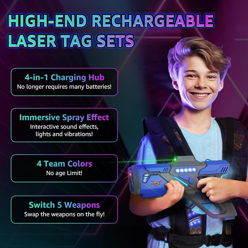 Jakmean Rechargeable Laser Tag Set with Vests  Upgrade Laser Tag Guns Set of 4 with Mist Spray Effect & LED Digital  Multi Player Laser Tag Set for Kids Toy for Teen Boys & Girls  Ages 8+ - Image 2