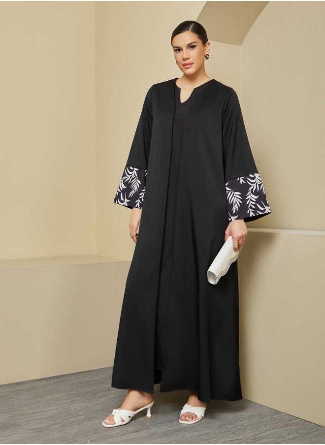 Styli Front Open Abaya with Printed Sleeve Cuff Panel Detail  - Image 1