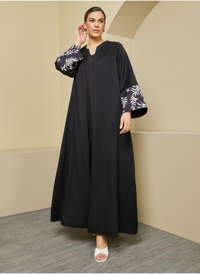 Styli Front Open Abaya with Printed Sleeve Cuff Panel Detail  - Image 3