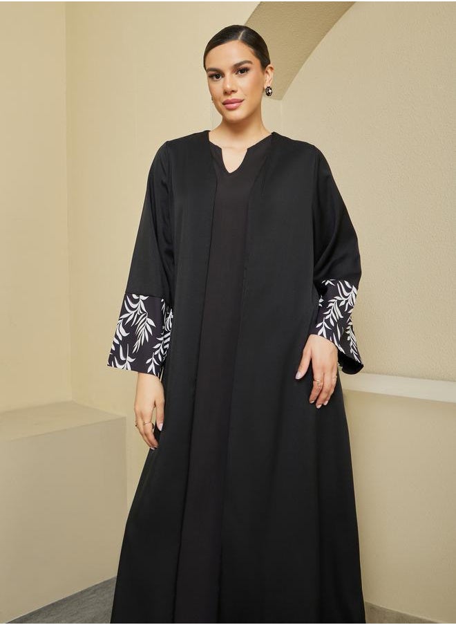 Styli Front Open Abaya with Printed Sleeve Cuff Panel Detail  - Image 2