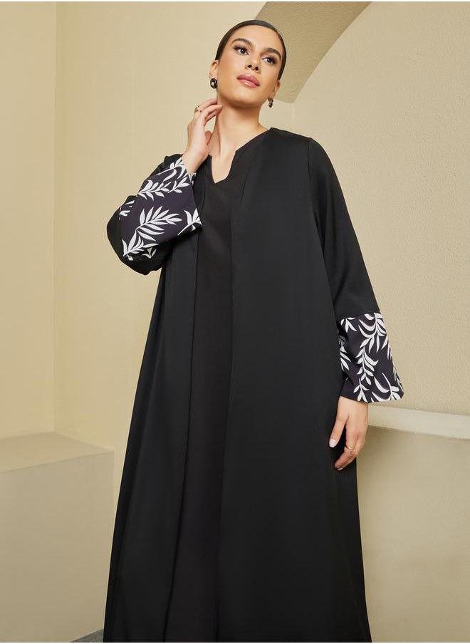 Styli Front Open Abaya with Printed Sleeve Cuff Panel Detail  - Image 4