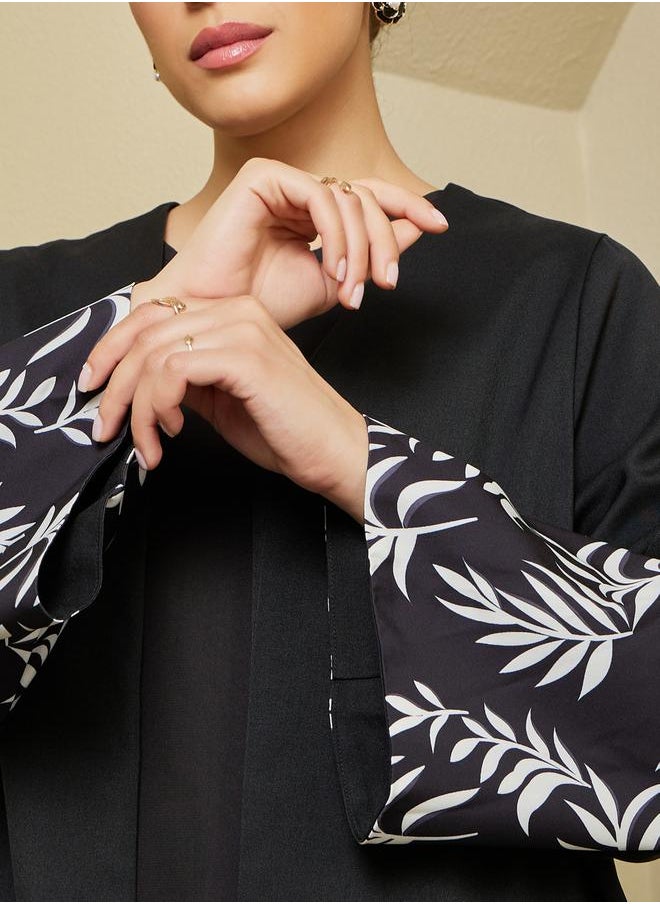 Styli Front Open Abaya with Printed Sleeve Cuff Panel Detail  - Image 5