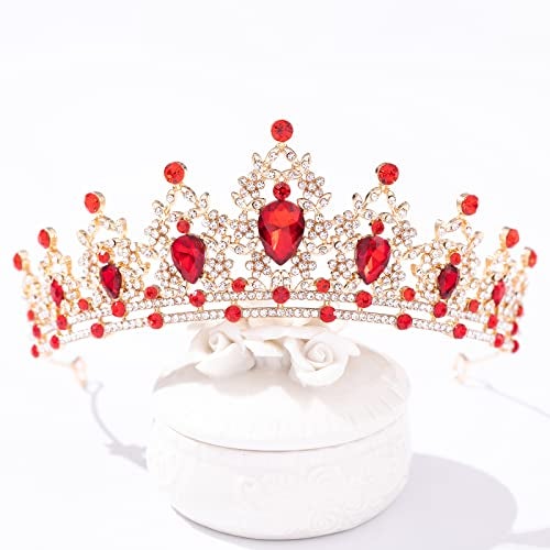 FORSEVEN Crystal Tiaras for Women, Wedding Tiaras and Crowns for Women Tiara for Girls Birthday Party Princess Crown Hair Accessories Bride Rhinestone Headbands (Gold+Red) - Image 2
