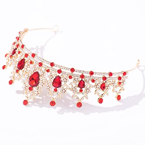 FORSEVEN Crystal Tiaras for Women, Wedding Tiaras and Crowns for Women Tiara for Girls Birthday Party Princess Crown Hair Accessories Bride Rhinestone Headbands (Gold+Red) - Image 4