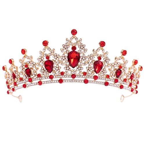 FORSEVEN Crystal Tiaras for Women, Wedding Tiaras and Crowns for Women Tiara for Girls Birthday Party Princess Crown Hair Accessories Bride Rhinestone Headbands (Gold+Red) - Image 1