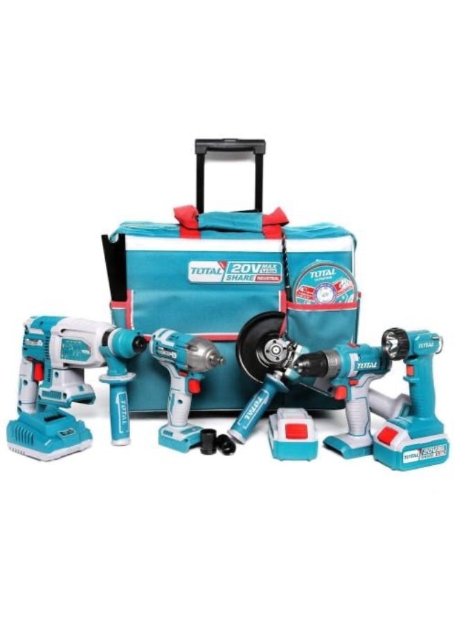 TOTAL 5-Piece Tool Set with Bag – Angle Grinder, Standard Drill, Impact Driver, Flashlight, Rotary Hammer Drill