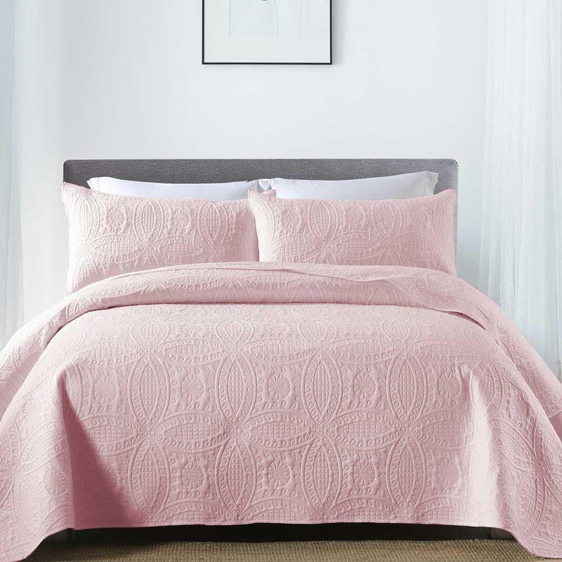 Boryard 3Piece Queen Quilt Set Lightweight Soft Full Size Quilt Bedspread Coverlet 90x90 inches with 2 Pillow Shams 20x26 inches Pink