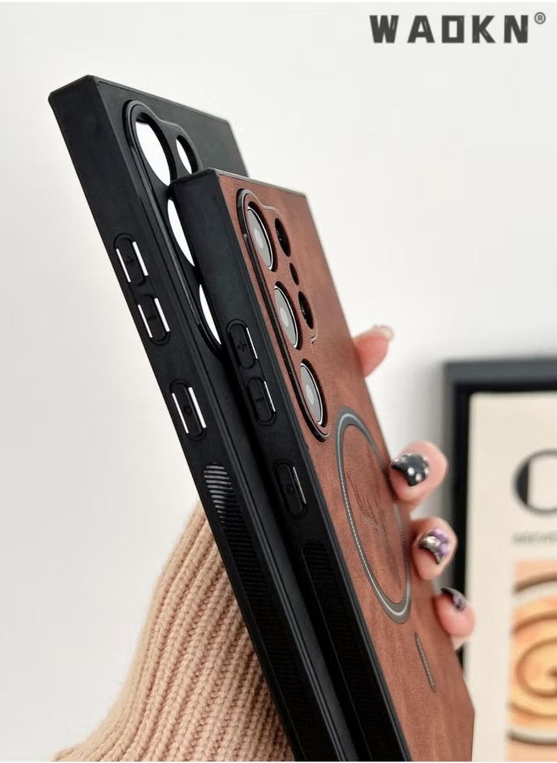 WAOKN Lambskin Leather Elk Pattern Case For Samsung S25 Ultra Shockproof Magnetic For Magsafe Wireless Charge Cover Soft Faux Leather Phone Case,[Compatible with Mag-Safe] Premium Protective Cover (Brown)  - Image 5