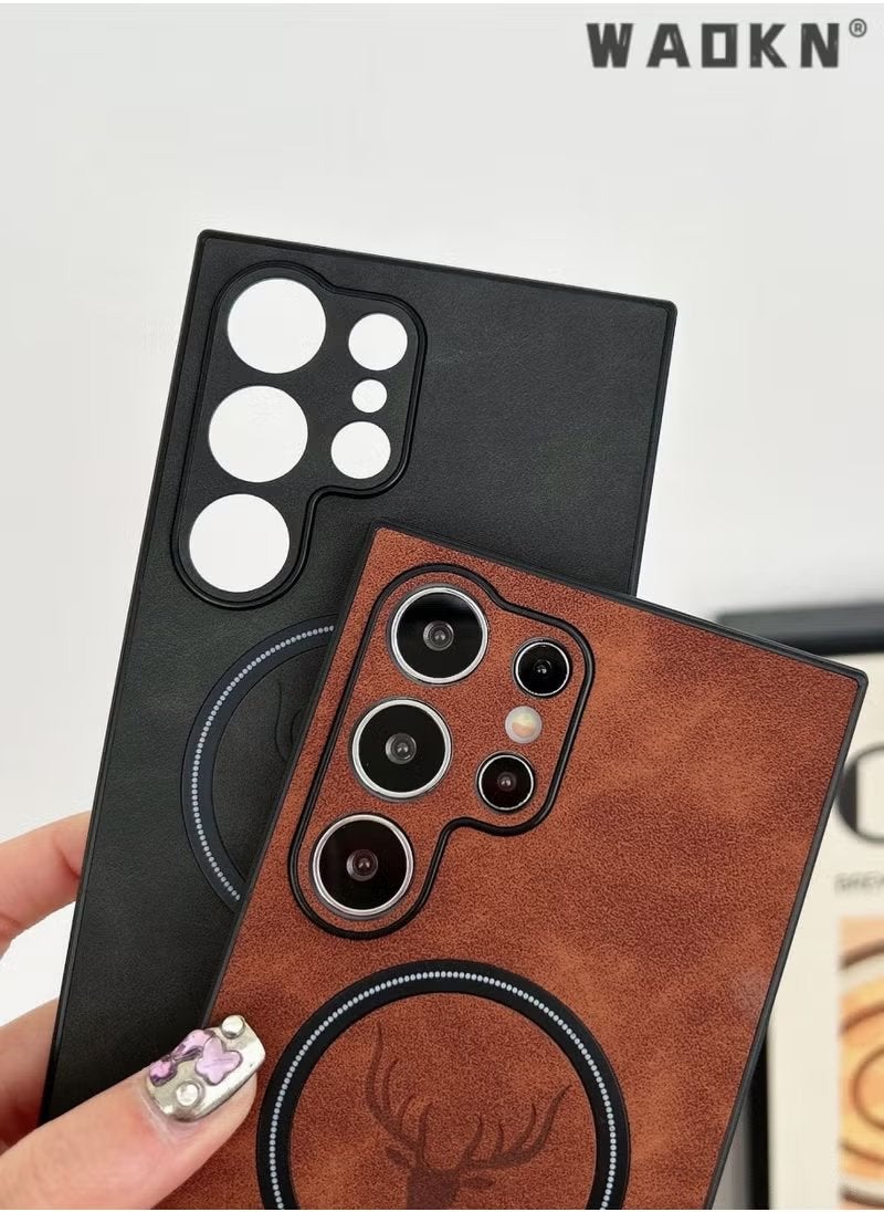 WAOKN Lambskin Leather Elk Pattern Case For Samsung S25 Ultra Shockproof Magnetic For Magsafe Wireless Charge Cover Soft Faux Leather Phone Case,[Compatible with Mag-Safe] Premium Protective Cover (Brown)  - Image 4