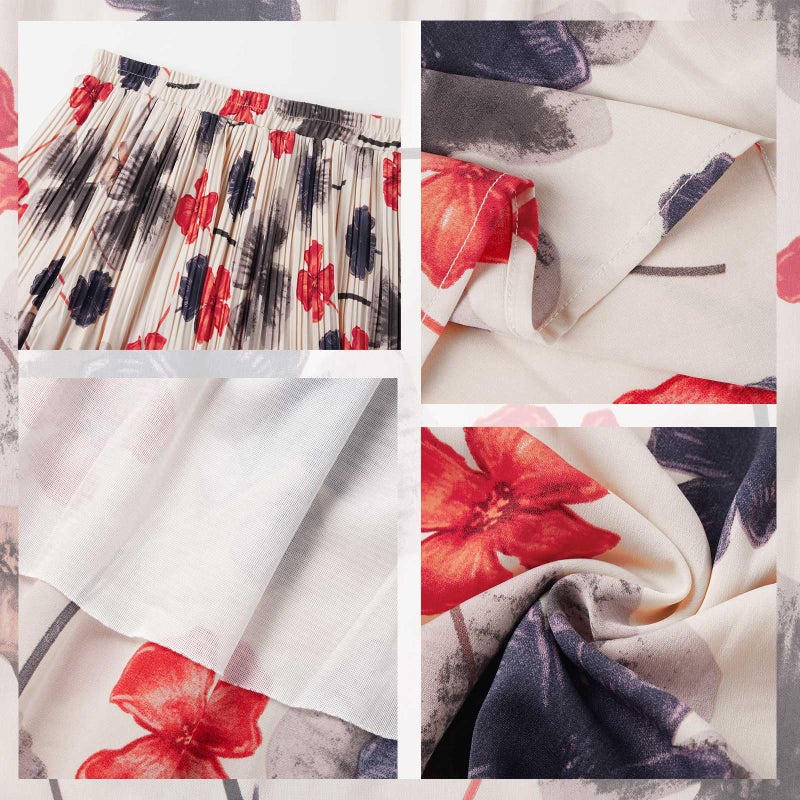 Basoteeuo Pleated Skirts for Women Chiffon Midi Length Trendy Summer High Waisted A Line Long Skirt Floral Red XL - Image 5