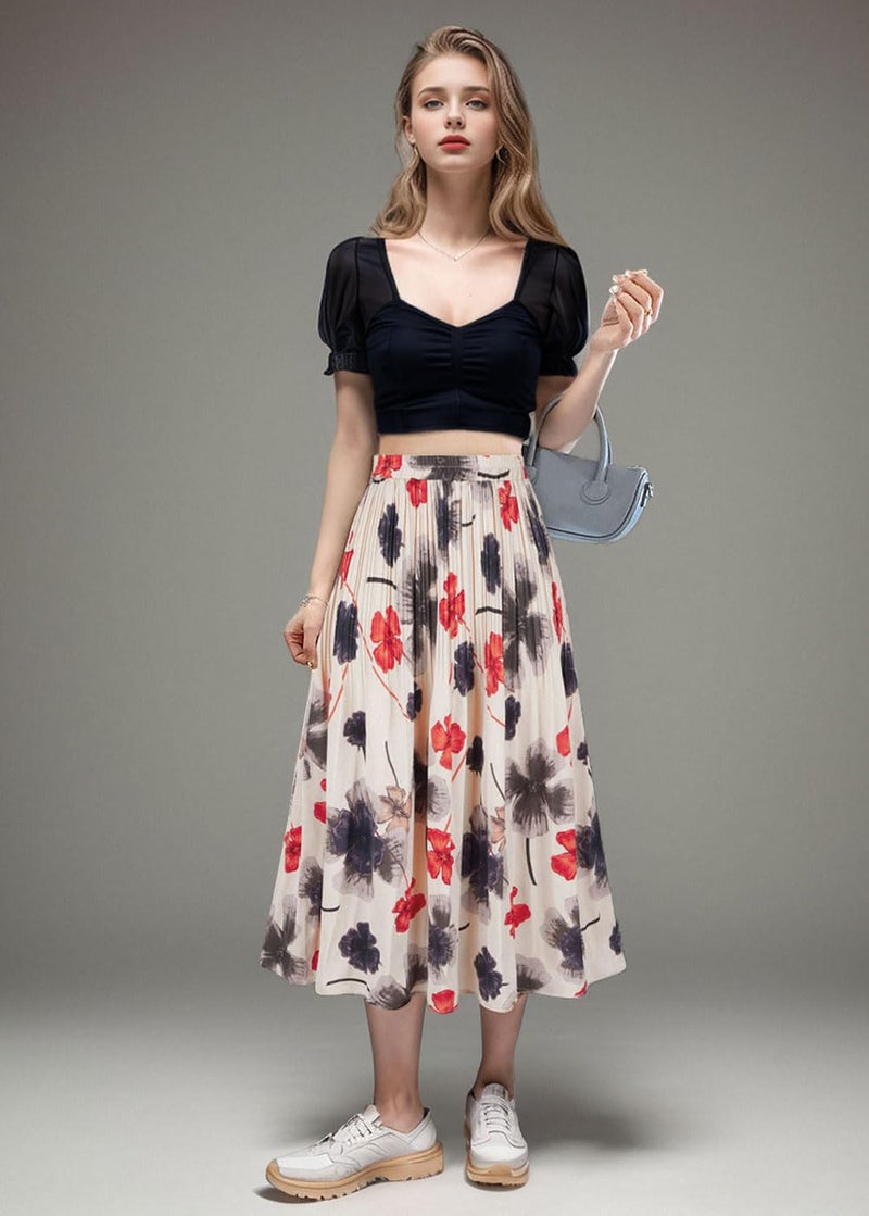 Basoteeuo Pleated Skirts for Women Chiffon Midi Length Trendy Summer High Waisted A Line Long Skirt Floral Red XL - Image 3