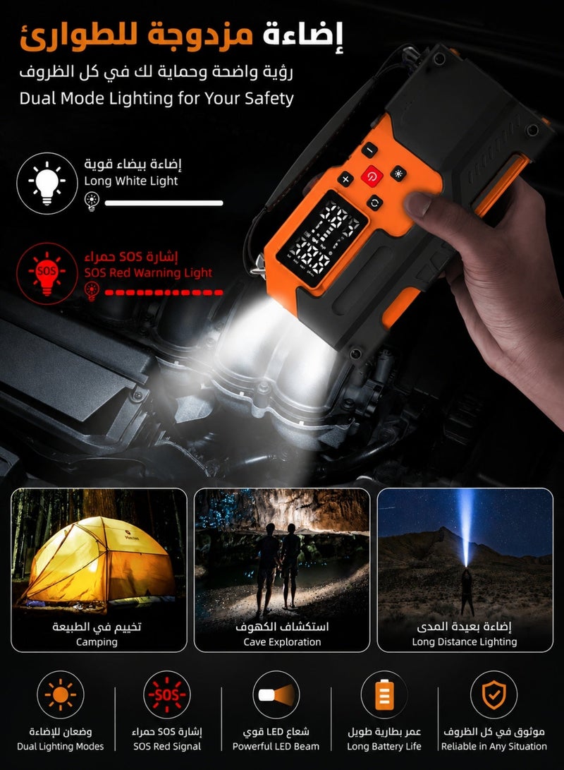 مشغل بطارية سيارة 4000 أمبير مع منفاخ هواء 150PSI، بنك طاقة 10000mAh، مقياس ضغط رقمي، إضاءة LED للطوارئ، كاسر زجاج، معزز بطارية 12V للسيارات والدفع الرباعي والشاحنات والدراجات - Image 4