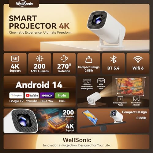 WellSonic Mini Projector with Wifi and Bluetooth, Build-in Android 14, Portable Projector Outdoor&Ceiling Use, Auto Keystonet&270°Rotatable, 200 Ansi, 4k Home Thearter Movie Projector for HDMI USB - Image 2