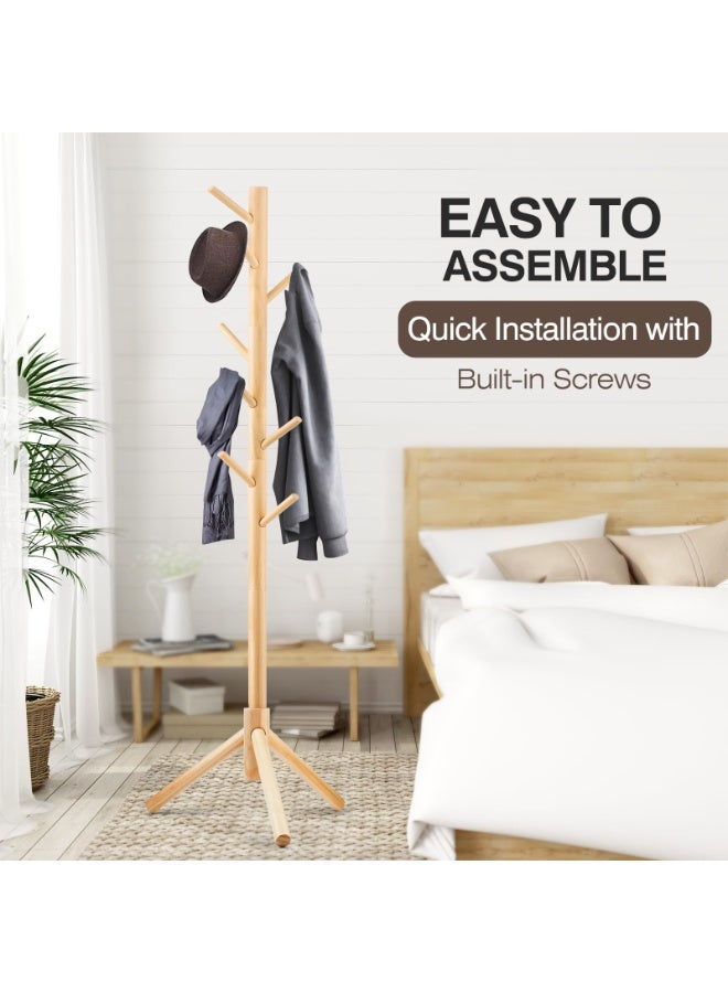 Bukela Coat Rack Sturdy Wooden Coat Rack Stand, Adjustable Coat Tree, Free Standing Tree Hanger with 4 Sections & 8 Hooks, for Home/Bedroom/Office/Hallway/Entryway - Image 4